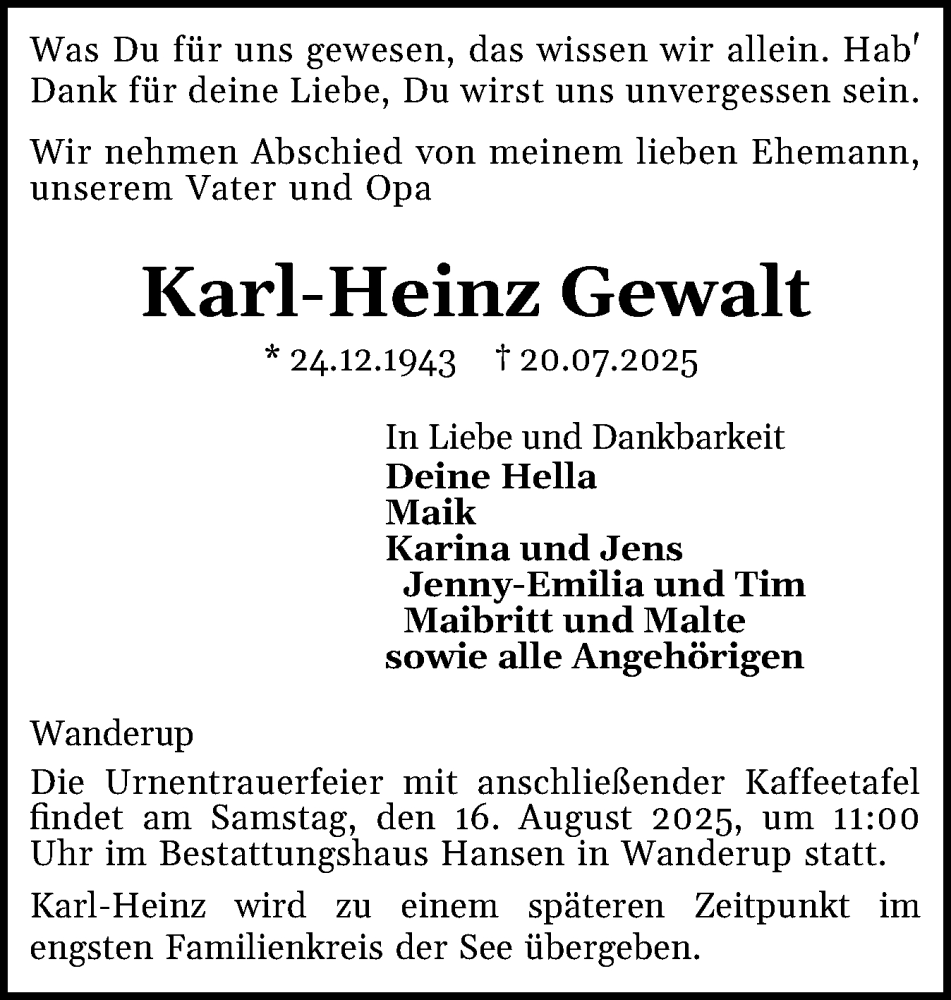  Traueranzeige für Karl-Heinz Gewalt vom 26.07.2025 aus Flensburger Tageblatt