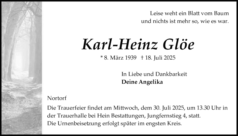  Traueranzeige für Karl-Heinz Glöe vom 26.07.2025 aus Schleswig-Holsteinische Landeszeitung
