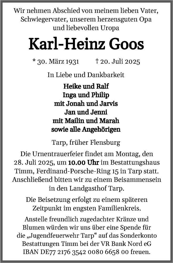  Traueranzeige für Karl-Heinz Goos vom 24.07.2025 aus Flensburger Tageblatt