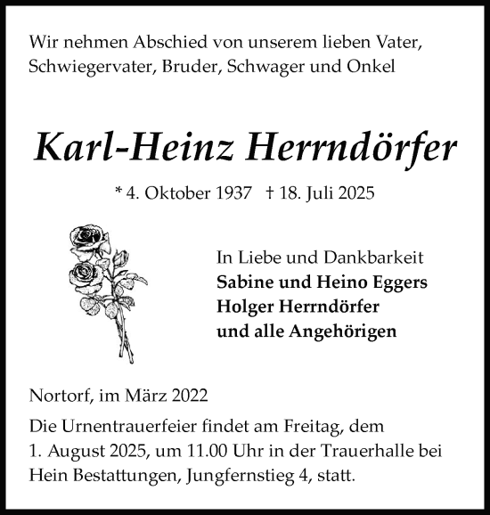 Traueranzeige von Karl-Heinz Herrndörfer von Schleswig-Holsteinische Landeszeitung