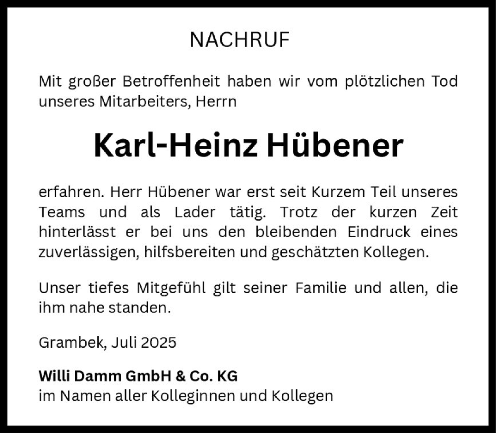  Traueranzeige für Karl-Heinz Hübener vom 26.07.2025 aus MARKT Ratzeburg/Mölln