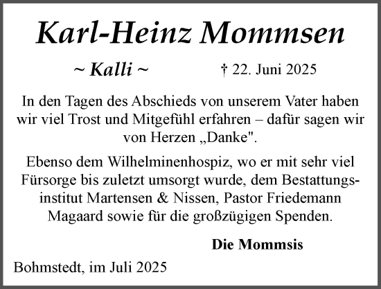 Traueranzeige von Karl-Heinz Mommsen von Husumer Nachrichten, Nordfriesland Tageblatt