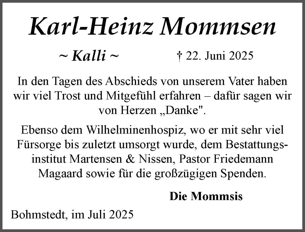  Traueranzeige für Karl-Heinz Mommsen vom 19.07.2025 aus Husumer Nachrichten, Nordfriesland Tageblatt