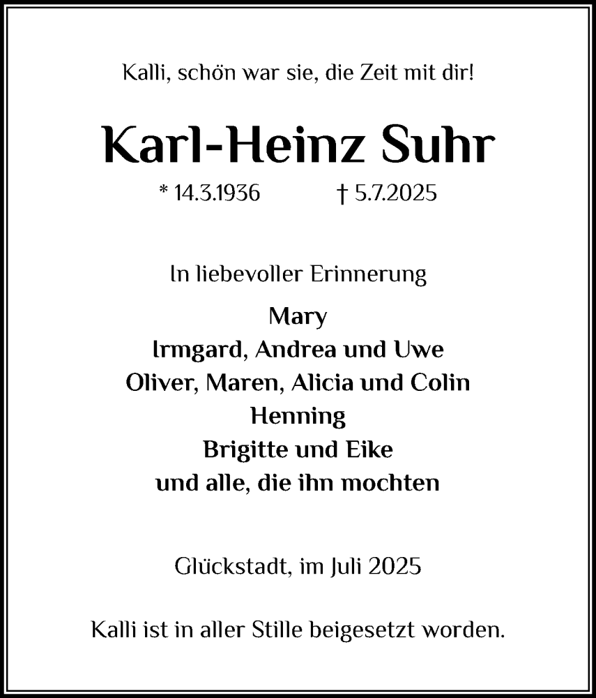  Traueranzeige für Karl-Heinz Suhr vom 26.07.2025 aus Norddeutsche Rundschau, Wilstersche Zeitung, Glückstädter Fortuna