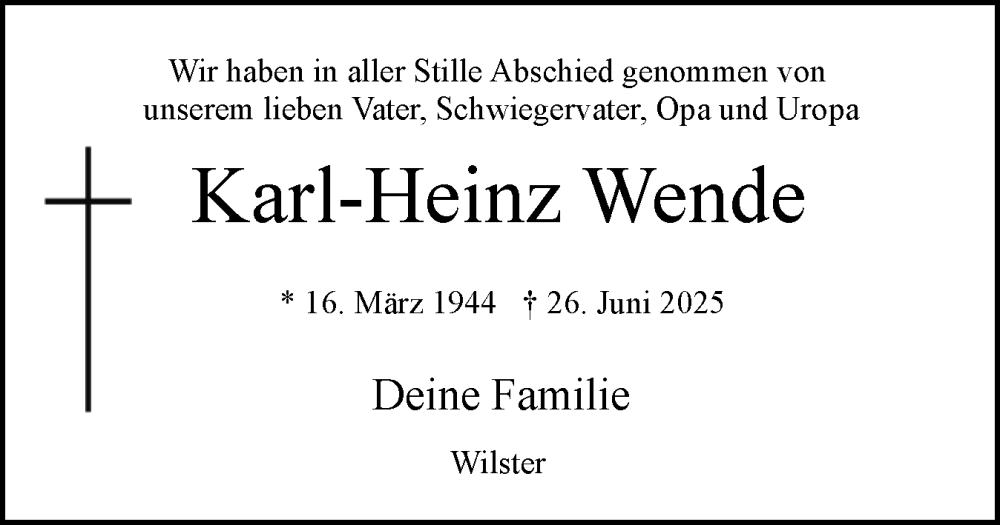  Traueranzeige für Karl-Heinz Wende vom 19.07.2025 aus Norddeutsche Rundschau, Wilstersche Zeitung, Glückstädter Fortuna