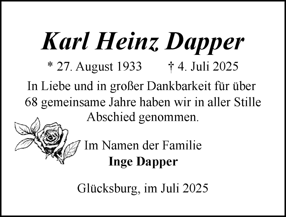  Traueranzeige für Karl Heinz Dapper vom 26.07.2025 aus Flensburger Tageblatt