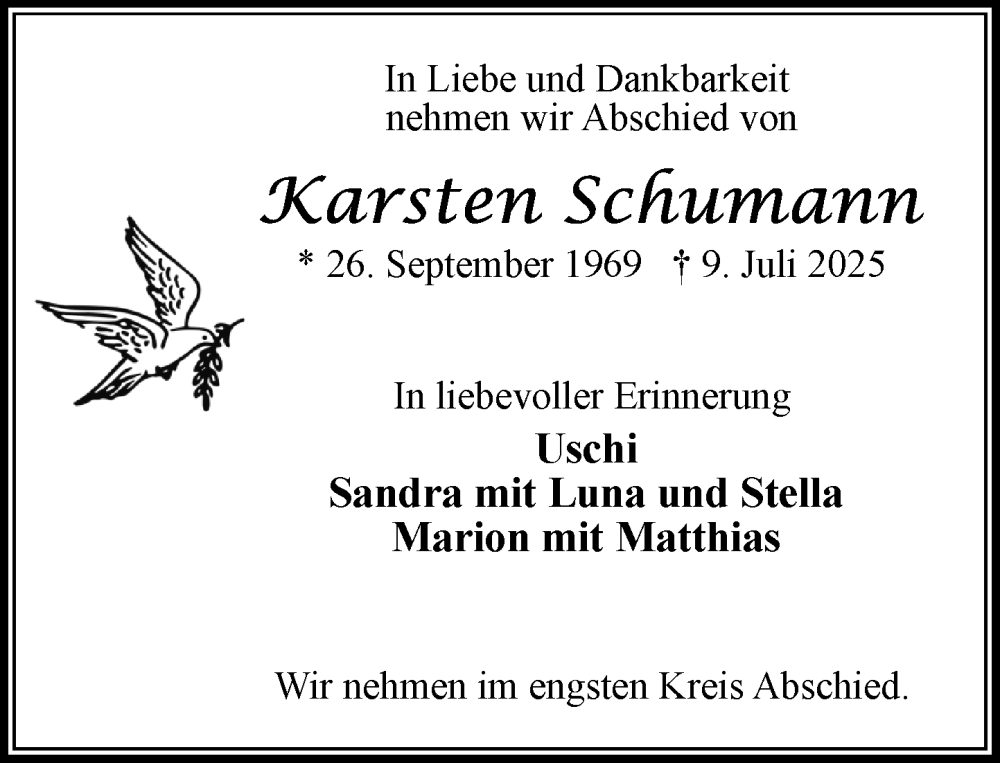  Traueranzeige für Karsten Schumann vom 19.07.2025 aus MARKT Bad Oldesloe/Reinfeld, MARKT Ahrensburg/Bargteheide/Trittau und Stormarner Tageblatt