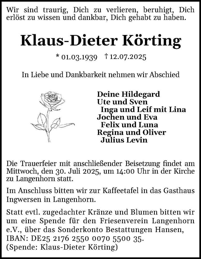  Traueranzeige für Klaus-Dieter Körting vom 19.07.2025 aus Husumer Nachrichten, Nordfriesland Tageblatt