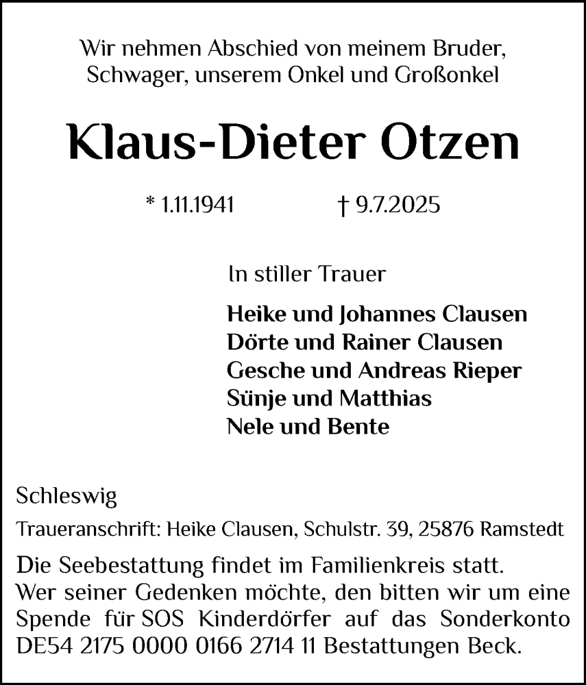  Traueranzeige für Klaus-Dieter Otzen vom 19.07.2025 aus Husumer Nachrichten, Nordfriesland Tageblatt