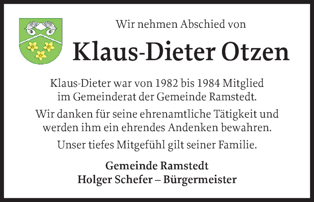  Traueranzeige für Klaus-Dieter Otzen vom 23.07.2025 aus Husumer Nachrichten, Nordfriesland Tageblatt