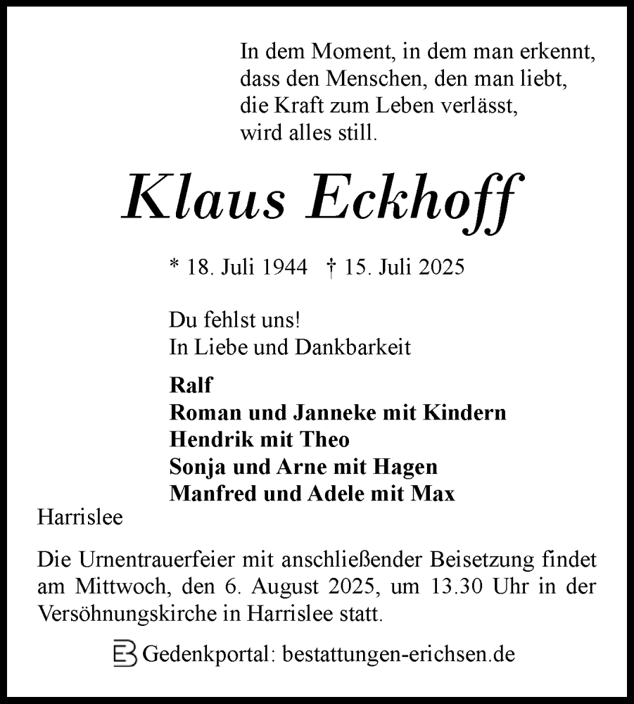  Traueranzeige für Klaus Eckhoff vom 26.07.2025 aus Flensburger Tageblatt