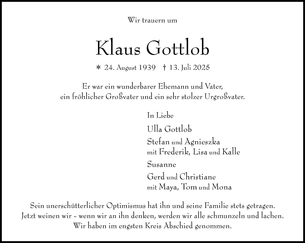  Traueranzeige für Klaus Gottlob vom 26.07.2025 aus MARKT Ahrensburg/Bargteheide/Trittau und Stormarner Tageblatt
