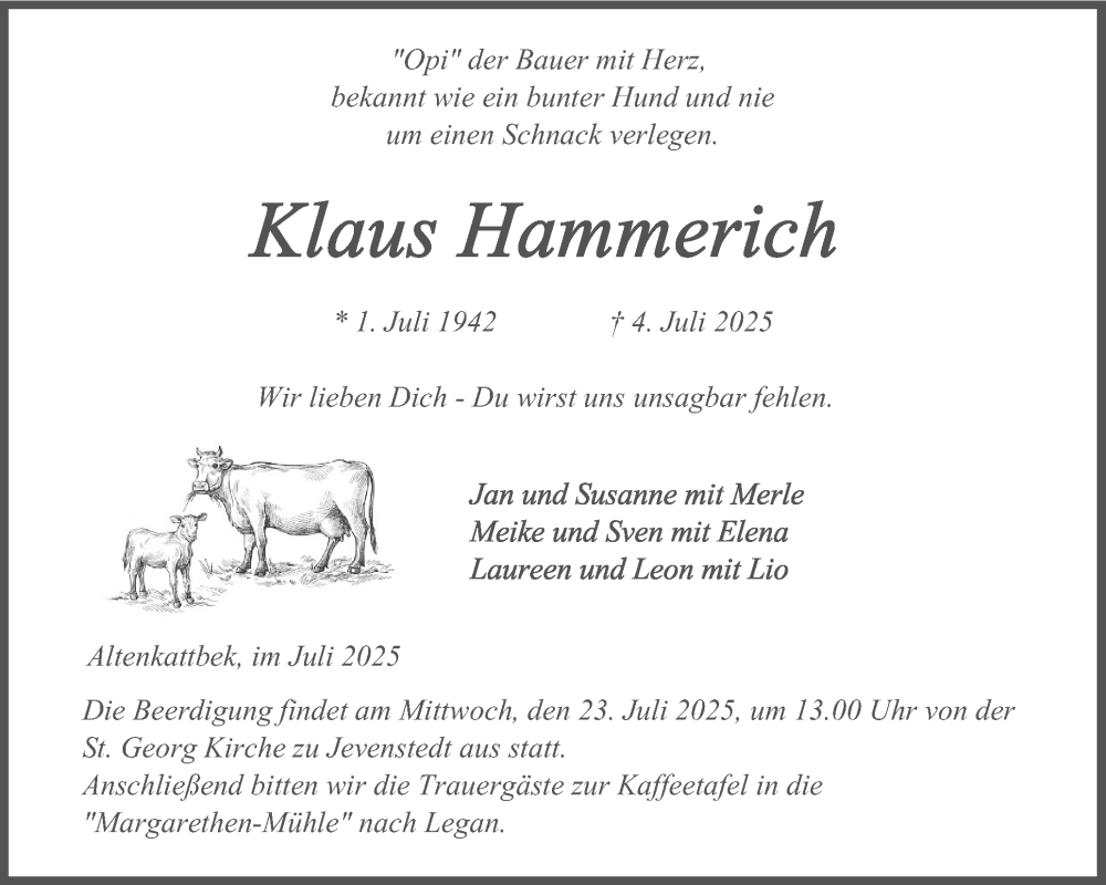  Traueranzeige für Klaus Hammerich vom 12.07.2025 aus Schleswig-Holsteinische Landeszeitung
