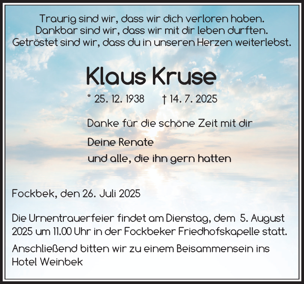  Traueranzeige für Klaus Kruse vom 26.07.2025 aus Schleswig-Holsteinische Landeszeitung