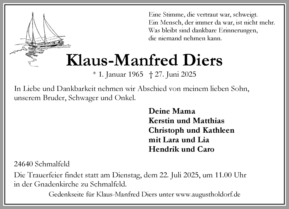  Traueranzeige für Klaus-Manfred Diers vom 05.07.2025 aus Umschau