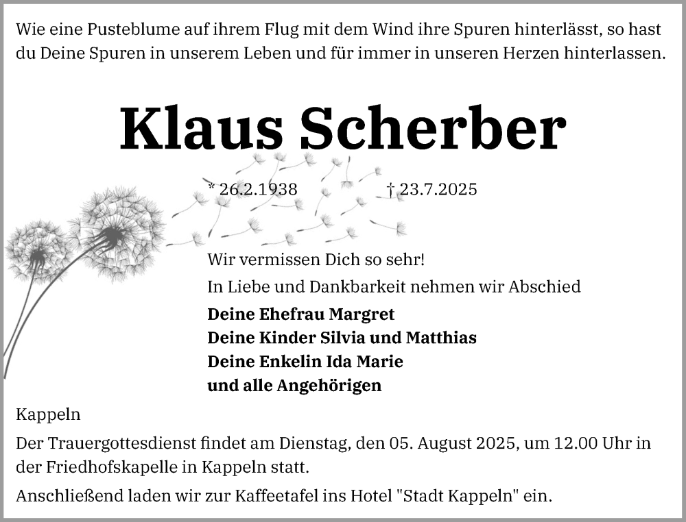  Traueranzeige für Klaus Scherber vom 30.07.2025 aus Schleswiger Nachrichten, Schlei-Bote