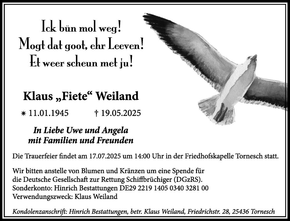  Traueranzeige für Klaus Weiland vom 05.07.2025 aus Uetersener Nachrichten, Der tip am Wochenende