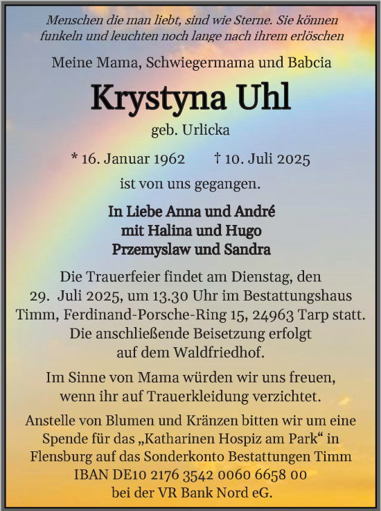 Traueranzeige von Krystyna Uhl von Flensburger Tageblatt, Schleswiger Nachrichten, Schlei-Bote