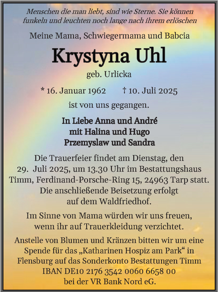  Traueranzeige für Krystyna Uhl vom 19.07.2025 aus Flensburger Tageblatt, Schleswiger Nachrichten, Schlei-Bote