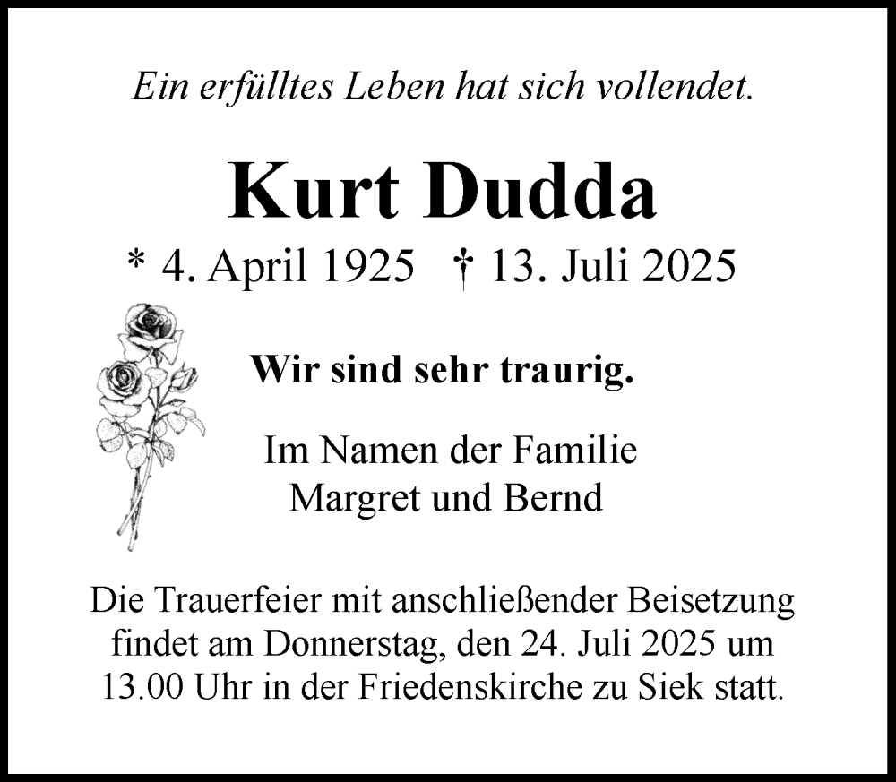  Traueranzeige für Kurt Dudda vom 19.07.2025 aus MARKT Ahrensburg/Bargteheide/Trittau und Stormarner Tageblatt