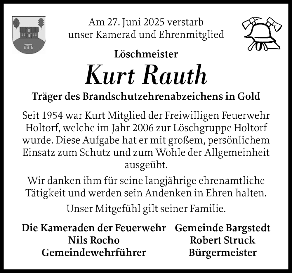  Traueranzeige für Kurt Rauth vom 03.07.2025 aus Schleswig-Holsteinische Landeszeitung