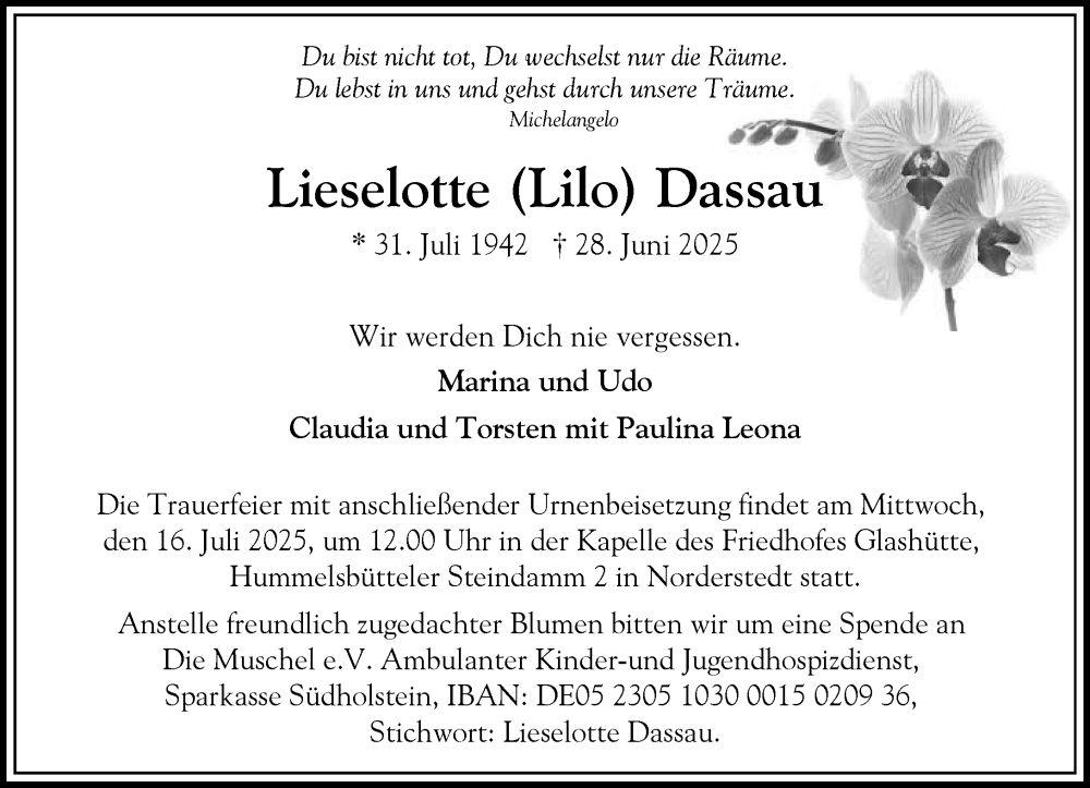  Traueranzeige für Lieselotte Dassau vom 05.07.2025 aus Heimatspiegel