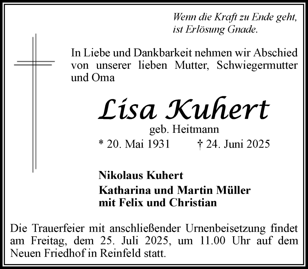  Traueranzeige für Lisa Kuhert vom 19.07.2025 aus MARKT Bad Oldesloe/Reinfeld und Stormarner Tageblatt