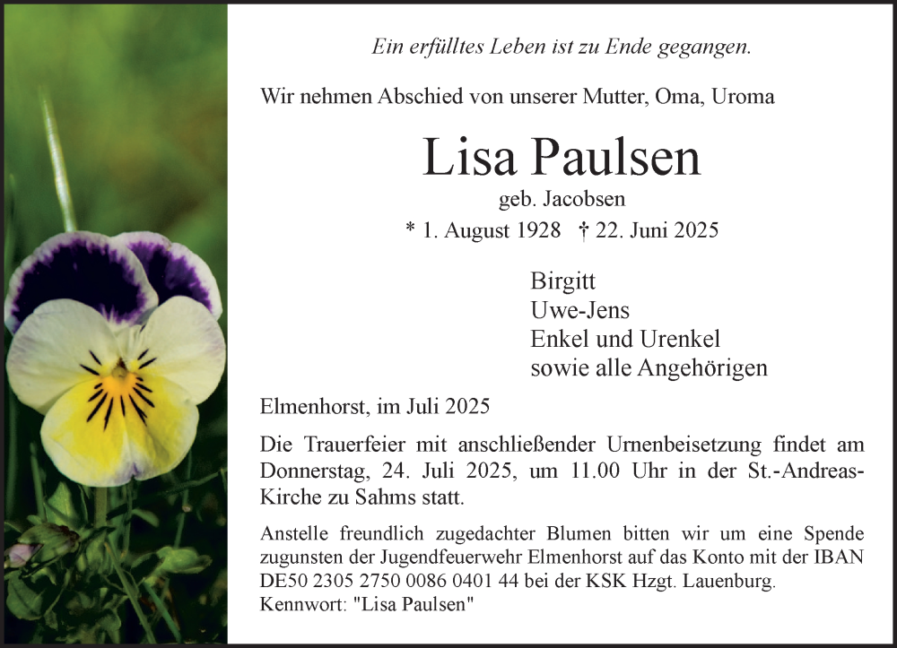  Traueranzeige für Lisa Paulsen vom 05.07.2025 aus Wochenend Anzeiger