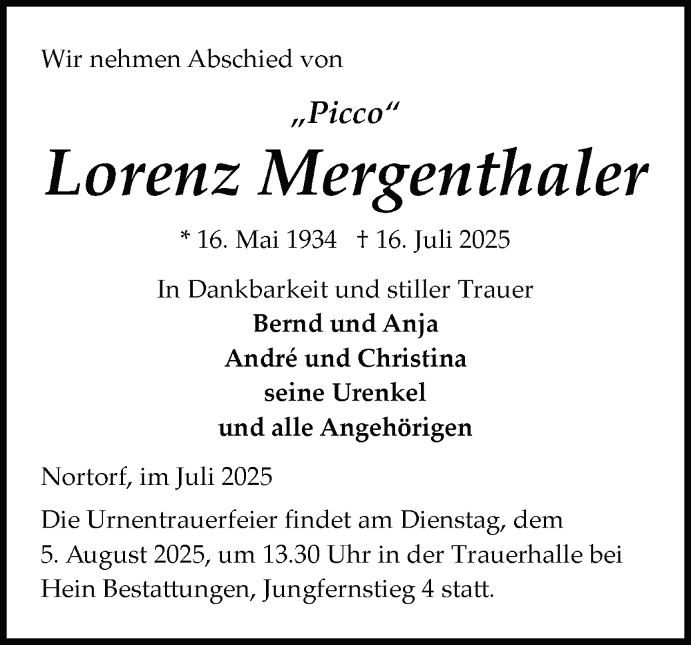  Traueranzeige für Lorenz Mergenthaler vom 26.07.2025 aus Schleswig-Holsteinische Landeszeitung