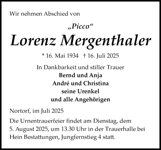 Traueranzeige von Lorenz Mergenthaler von Schleswig-Holsteinische Landeszeitung