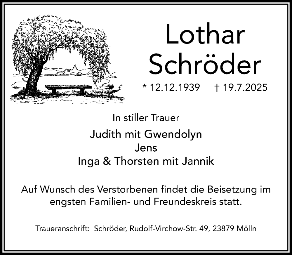  Traueranzeige für Lothar Schröder vom 26.07.2025 aus MARKT Ratzeburg/Mölln