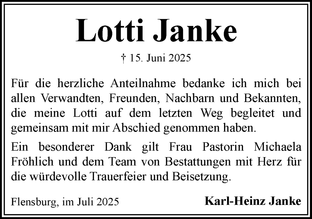  Traueranzeige für Lotti Janke vom 26.07.2025 aus Flensburger Tageblatt