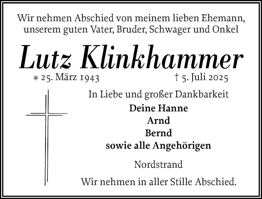  Traueranzeige für Lutz Klinkhammer vom 12.07.2025 aus Husumer Nachrichten, Nordfriesland Tageblatt