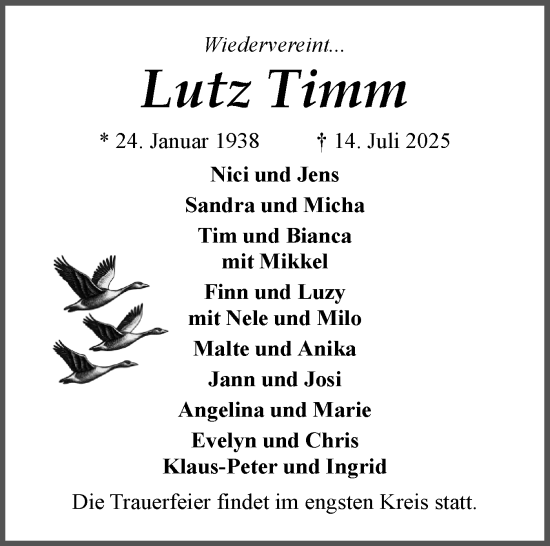 Traueranzeige von Lutz Timm von Husumer Nachrichten, Nordfriesland Tageblatt