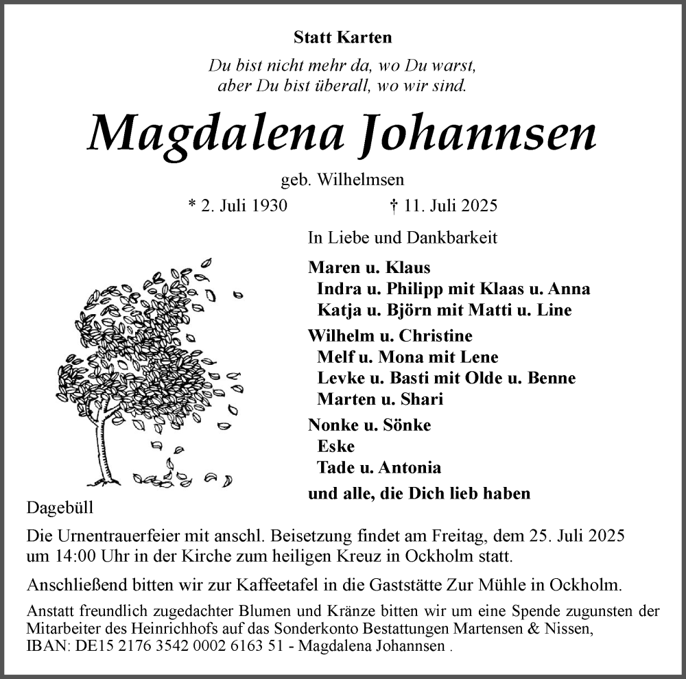  Traueranzeige für Magdalena Johannsen vom 19.07.2025 aus Husumer Nachrichten, Nordfriesland Tageblatt
