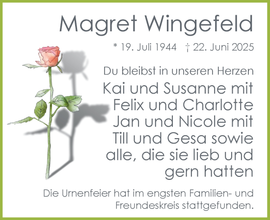 Traueranzeige von Magret Wingefeld von Uetersener Nachrichten, Der tip am Wochenende