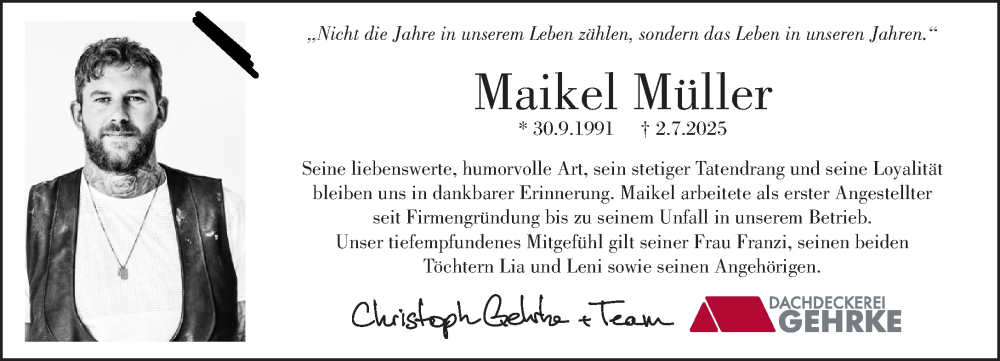  Traueranzeige für Maikel Müller vom 19.07.2025 aus MARKT Ratzeburg/Mölln