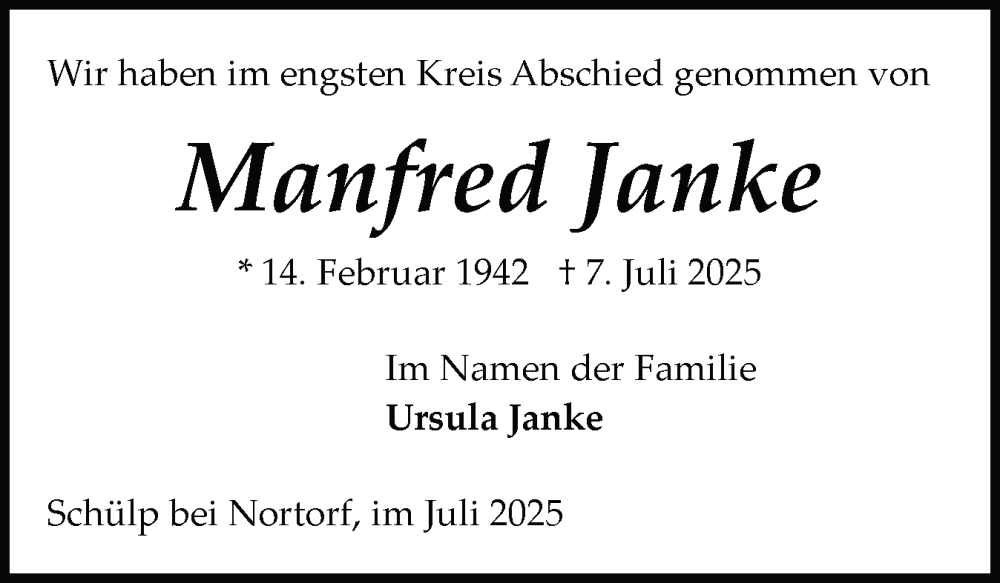  Traueranzeige für Manfred Janke vom 26.07.2025 aus Schleswig-Holsteinische Landeszeitung