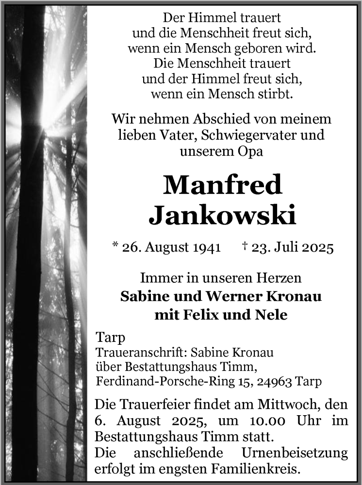  Traueranzeige für Manfred Jankowski vom 30.07.2025 aus Flensburger Tageblatt