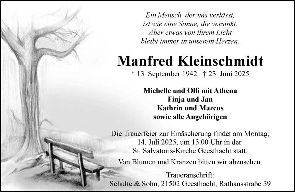  Traueranzeige für Manfred Kleinschmidt vom 05.07.2025 aus Wochenend Anzeiger