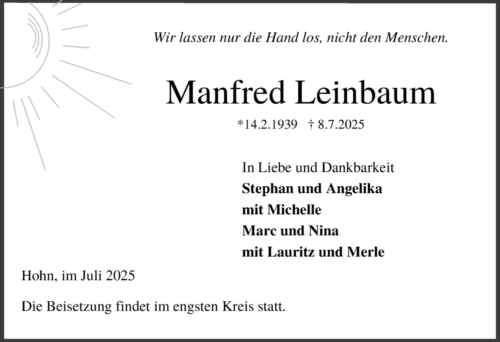  Traueranzeige für Manfred Leinbaum vom 12.07.2025 aus Schleswig-Holsteinische Landeszeitung
