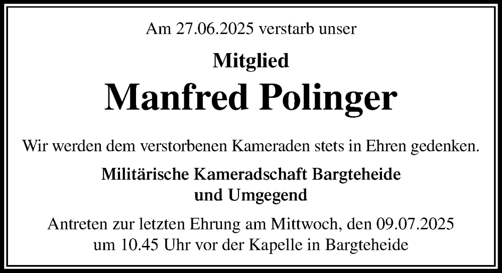  Traueranzeige für Manfred Polinger vom 05.07.2025 aus MARKT Ahrensburg/Bargteheide/Trittau und Stormarner Tageblatt