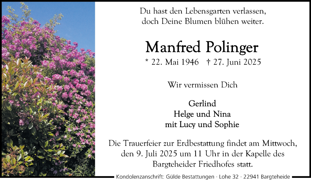  Traueranzeige für Manfred Polinger vom 05.07.2025 aus MARKT Ahrensburg/Bargteheide/Trittau und Stormarner Tageblatt