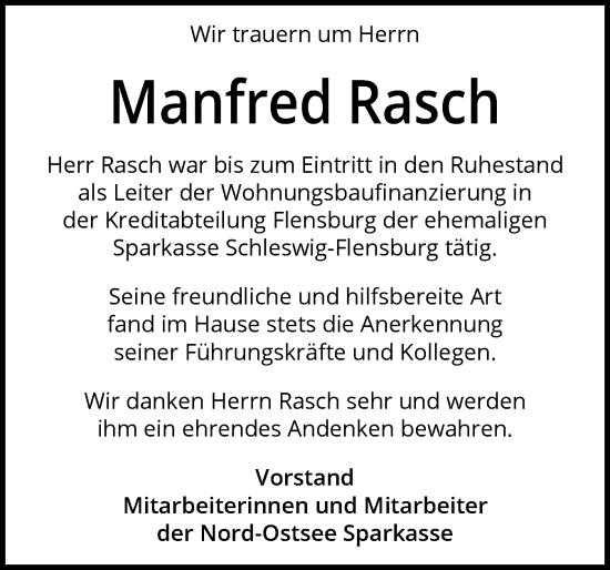 Traueranzeige von Manfred Rasch von Flensburger Tageblatt