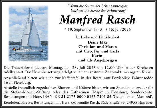 Traueranzeige von Manfred Rasch von Flensburger Tageblatt