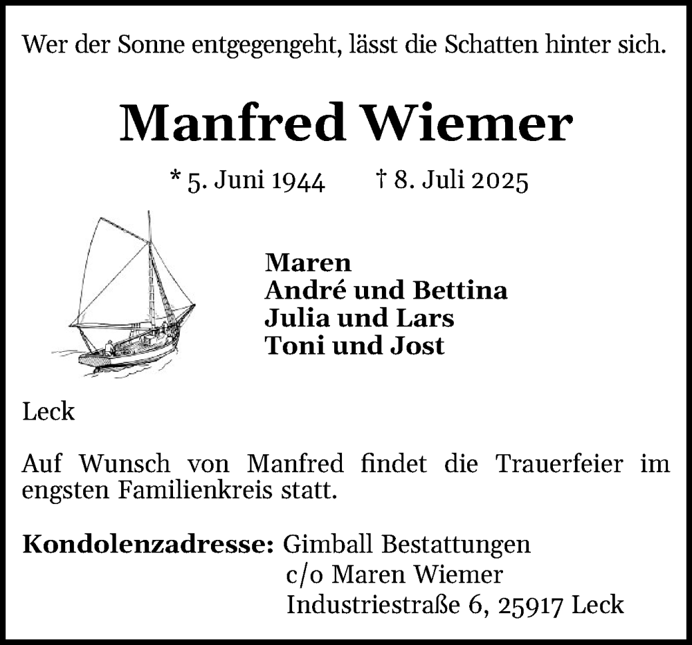  Traueranzeige für Manfred Wiemer vom 12.07.2025 aus Region Flensburg