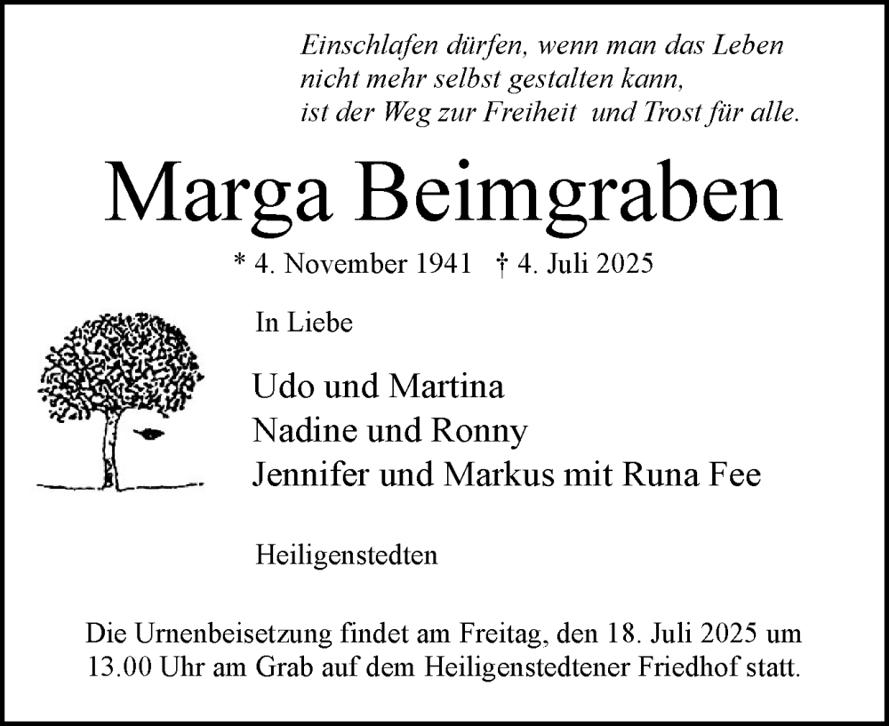  Traueranzeige für Marga Beimgraben vom 12.07.2025 aus Norddeutsche Rundschau, Wilstersche Zeitung, Glückstädter Fortuna