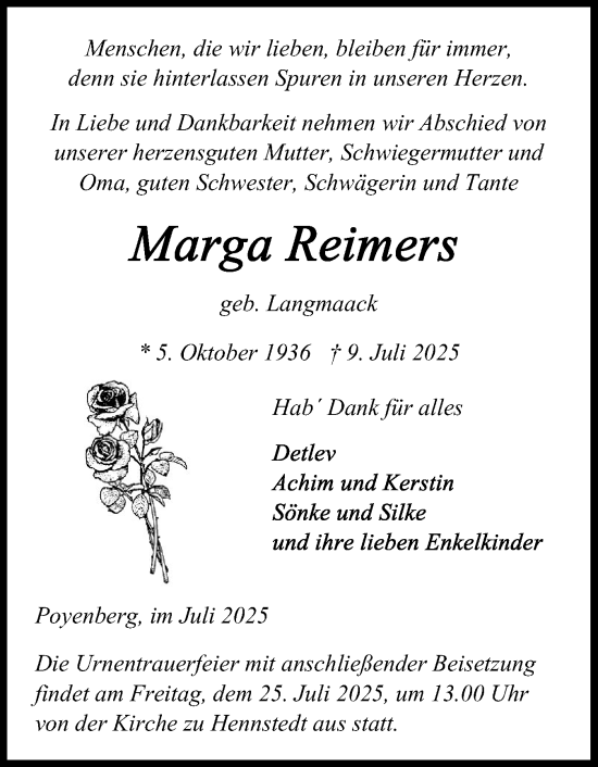 Traueranzeige von Marga Reimers von Schleswig-Holsteinische Landeszeitung