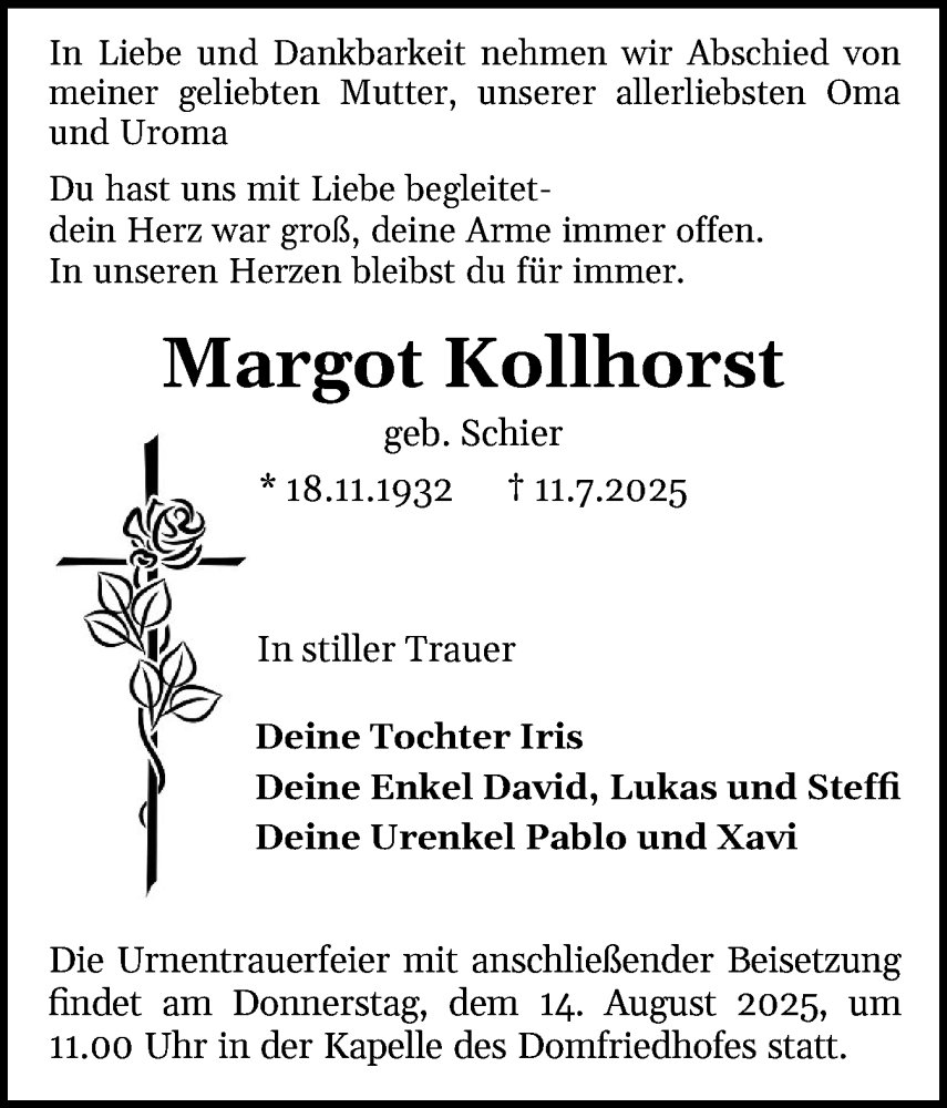  Traueranzeige für Margot Kollhorst vom 19.07.2025 aus Schleswiger Nachrichten, Schlei-Bote