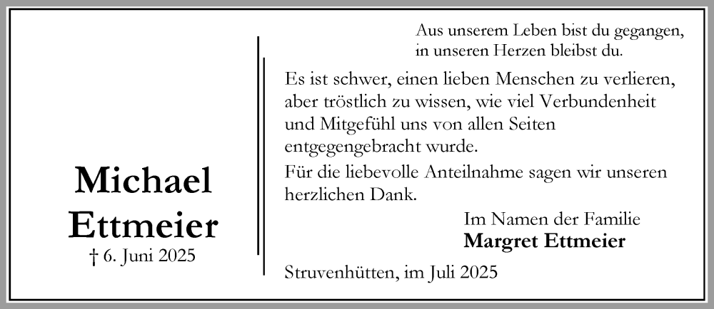  Traueranzeige für Margret Ettmeier vom 19.07.2025 aus Umschau